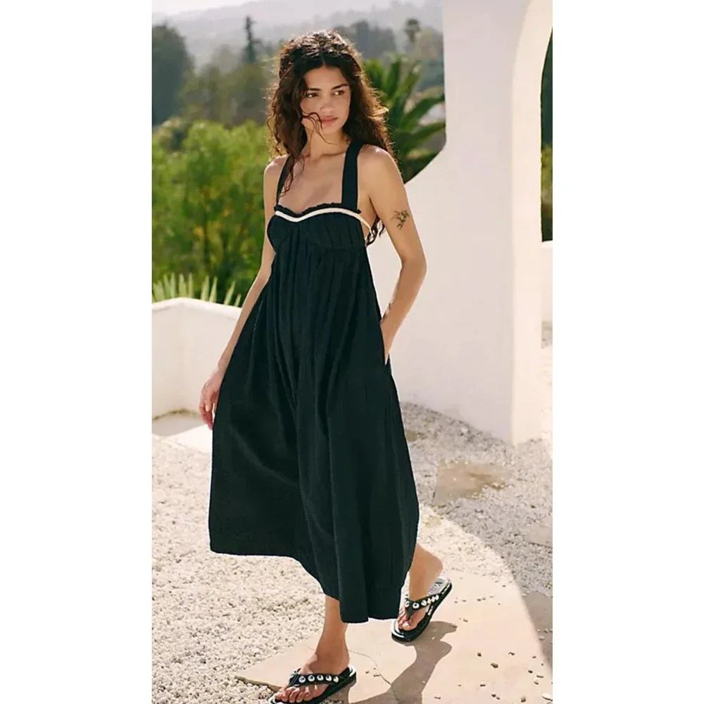 NEW FREE PEOPLE FREE-EST BLACK POPPY MIDI DRESS SZ L